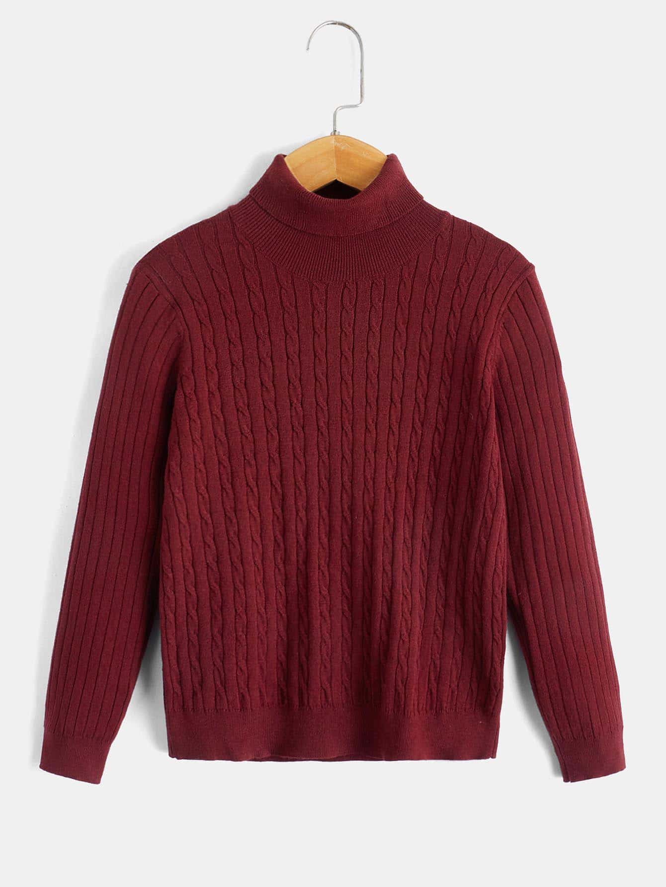 SHEIN 男孩高領麻花編織套頭毛衣 - 紫紅色 - 查看 1