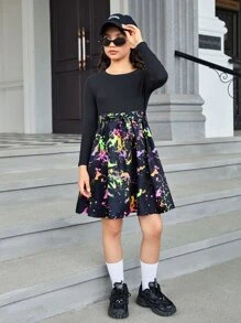 SHEIN Girls Reflective Splatter Paint Belted Dress - Multicolor - View 5