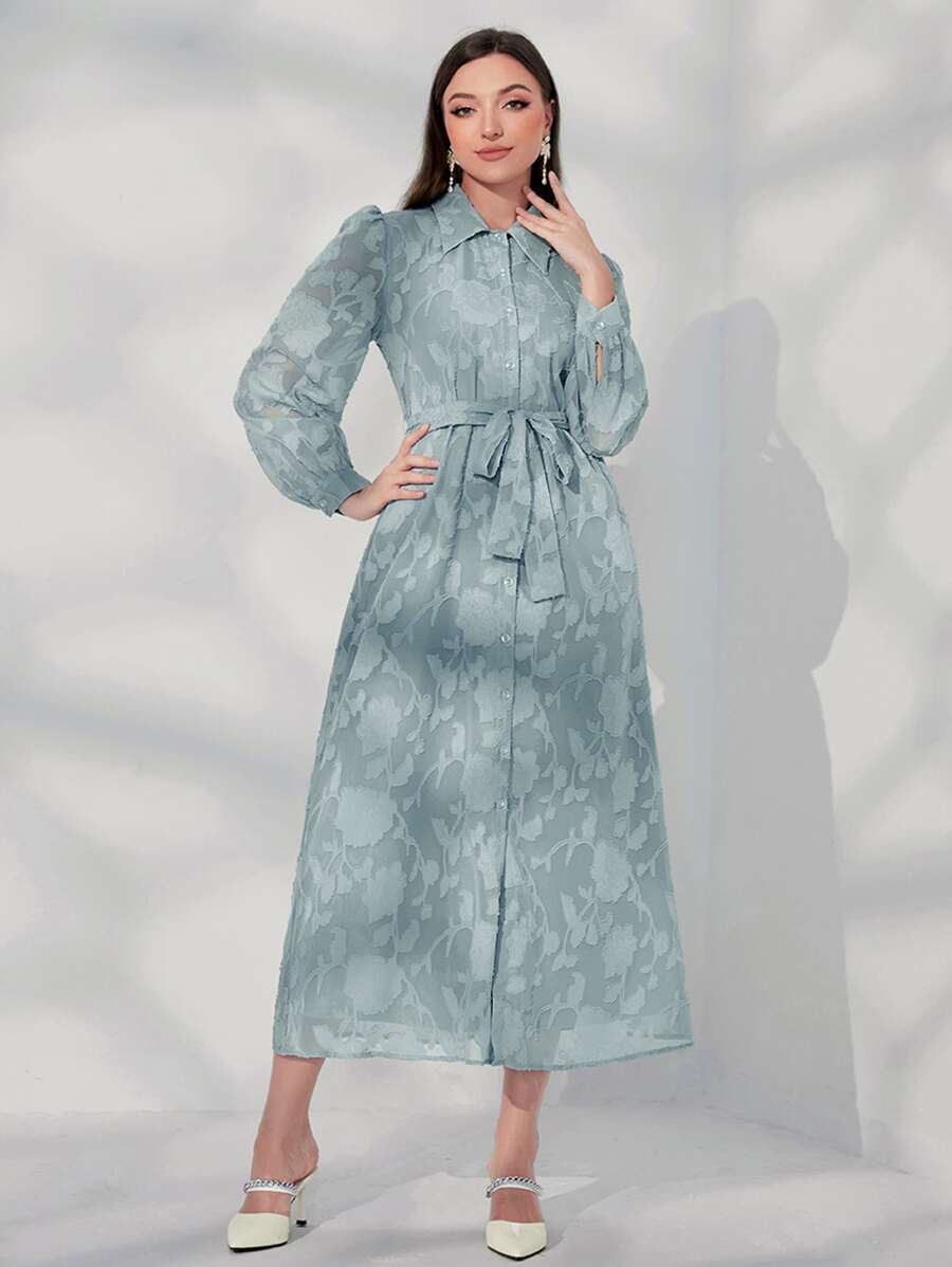 Modelyn 花卉圖案提花燈籠袖腰帶襯衫洋裝