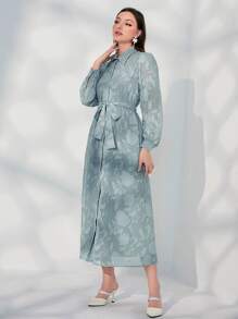 Modelyn 花卉圖案提花燈籠袖腰帶襯衫洋裝