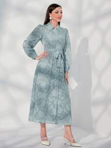 Modelyn 花卉圖案提花燈籠袖腰帶襯衫洋裝