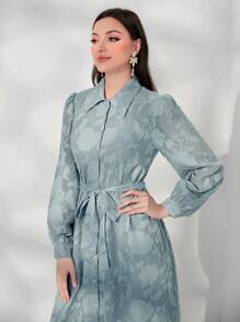 Modelyn 花卉圖案提花燈籠袖腰帶襯衫洋裝