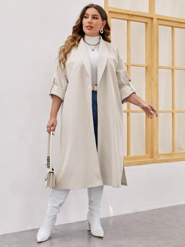 SHEIN LUNE כפתור מפוצל פשוט קז'ואל מעיל במידה גדולה - בז' - ראה 4