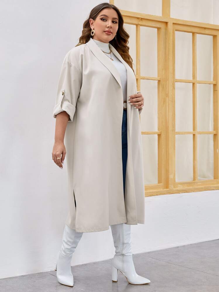 SHEIN LUNE כפתור מפוצל פשוט קז'ואל מעיל במידה גדולה - בז' - ראה 5