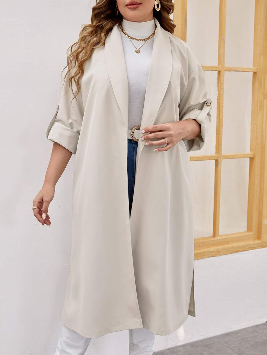 SHEIN LUNE Plus Roll Up Sleeve Split Side Coat - Beige - View 1