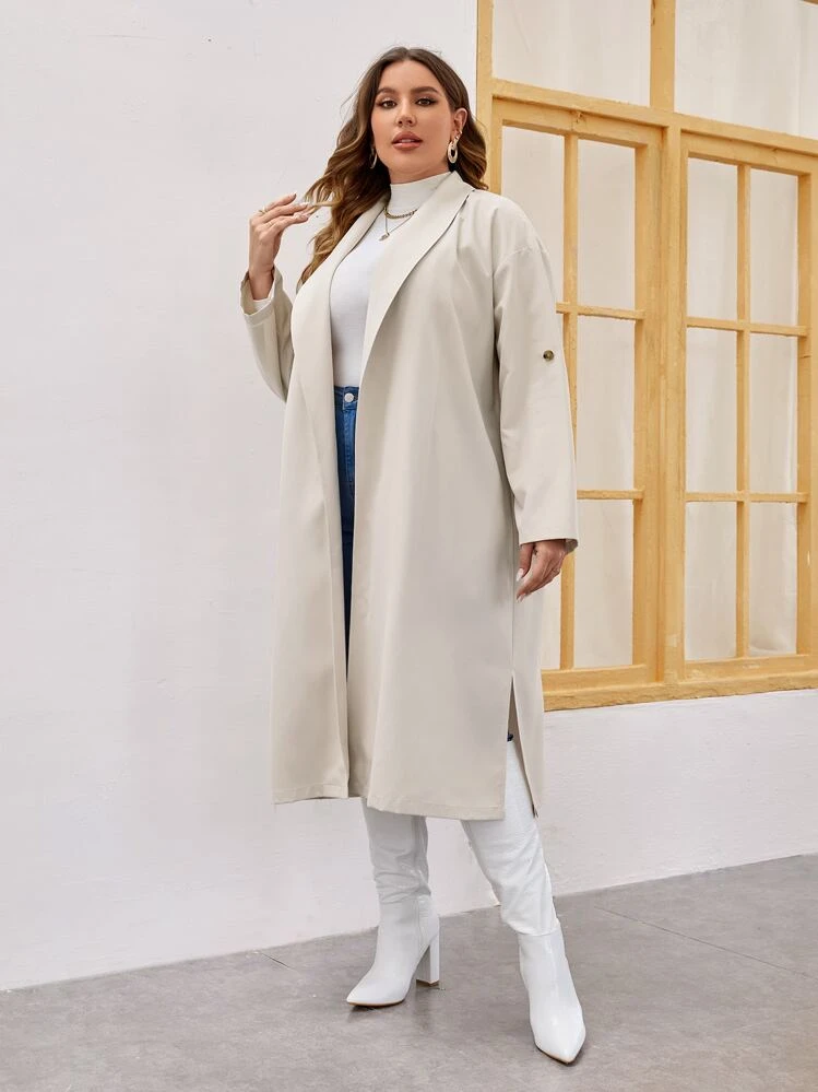 SHEIN LUNE כפתור מפוצל פשוט קז'ואל מעיל במידה גדולה - בז' - ראה 6