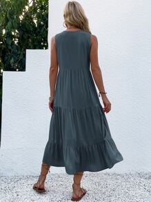 EMERY ROSE Button Detail Layered Hem Smock Dress Maxi Women Outfit - Dark Grey - View 2