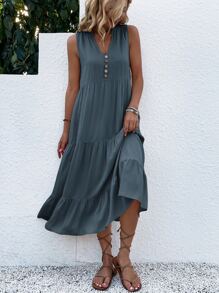 EMERY ROSE Button Detail Layered Hem Smock Dress Maxi Women Outfit - Dark Grey - View 5