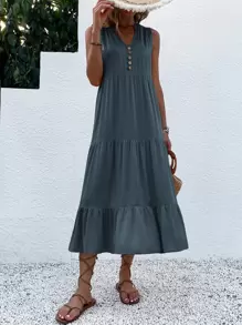 EMERY ROSE Button Detail Layered Hem Smock Dress Maxi Women Outfit - Dark Grey - View 7