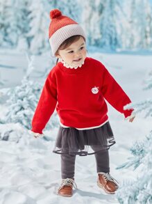 Toddler Girls Cartoon Embroidery Contrast Trim Drop Shoulder Jumper - Red - View 1