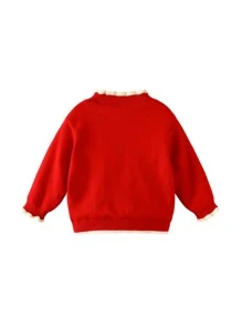 Toddler Girls Cartoon Embroidery Contrast Trim Drop Shoulder Jumper - Red - View 2