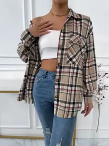 SHEIN Unity 格紋翻蓋口袋落肩袖襯衫