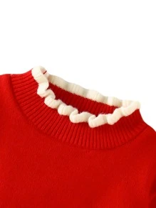 Toddler Girls Cartoon Embroidery Contrast Trim Drop Shoulder Jumper - Red - View 3