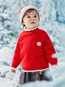 Toddler Girls Cartoon Embroidery Contrast Trim Drop Shoulder Jumper - Red - View 6