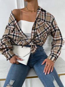 SHEIN Unity 格紋翻蓋口袋落肩袖襯衫