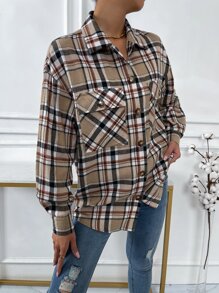 SHEIN Unity 格紋翻蓋口袋落肩袖襯衫