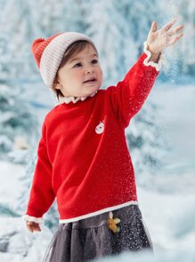 Toddler Girls Cartoon Embroidery Contrast Trim Drop Shoulder Jumper - Red - View 7