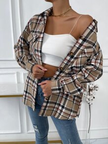 SHEIN Unity 格紋翻蓋口袋落肩袖襯衫