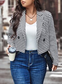 Plus Houndstooth Double Breasted Overcoat - Black and White - View 1