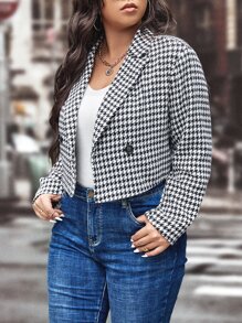 Plus Houndstooth Double Breasted Overcoat - Black and White - View 3