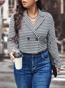 Plus Houndstooth Double Breasted Overcoat - Black and White - View 4