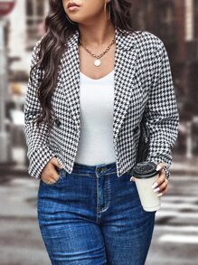 Plus Houndstooth Double Breasted Overcoat - Black and White - View 5