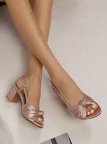 Women Satin Knot Decor Chunky Heeled Sandals, Glamorous Open Toe Slingback Sandals,Spring Summer Outfits - Dusty Pink - View 3