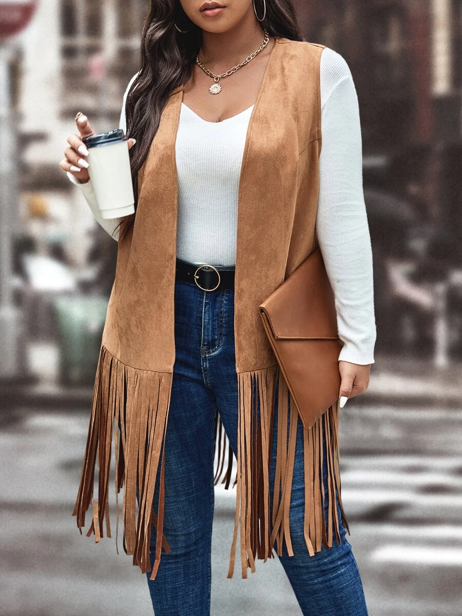 SHEIN LUNE Áo khoác cỡ lớn mép màu trơn Giải trí - màu nâu - Xem 1