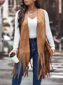 SHEIN LUNE Áo khoác cỡ lớn mép màu trơn Giải trí - màu nâu - Xem 3