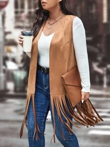 SHEIN LUNE Áo khoác cỡ lớn mép màu trơn Giải trí - màu nâu - Xem 5