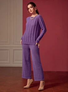 Mulvari Jersey tejido de cable de manga raglán con pantalones tejidos - Morado Violeta - Ver 1