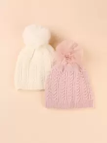 2pcs Baby Plush Ball Decor Knit Hat - Multicolor - View 1