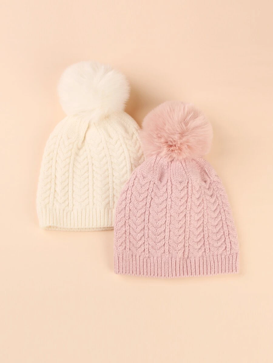 2pcs Baby Plush Ball Decor Knit Hat - Multicolor - View 1