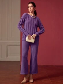 Mulvari Jersey tejido de cable de manga raglán con pantalones tejidos - Morado Violeta - Ver 5