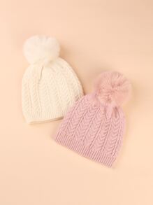 2pcs Baby Plush Ball Decor Knit Hat - Multicolor - View 2