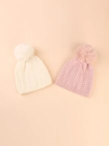 2pcs Baby Plush Ball Decor Knit Hat - Multicolor - View 3
