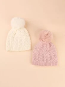 2pcs Baby Plush Ball Decor Knit Hat - Multicolor - View 4
