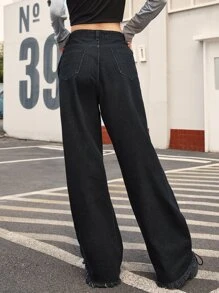 ROMWE Street Life Ripped Wide Leg Jeans - Black - View 2