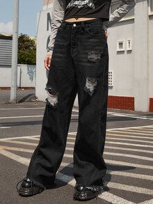 ROMWE Street Life Ripped Wide Leg Jeans - Black - View 3