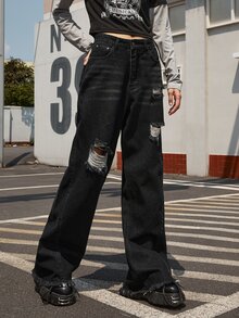 ROMWE Street Life Ripped Wide Leg Jeans - Black - View 4