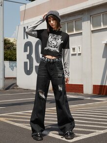 ROMWE Street Life Ripped Wide Leg Jeans - Black - View 5