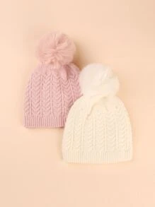 2pcs Baby Plush Ball Decor Knit Hat - Multicolor - View 5