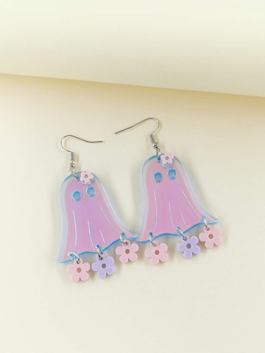 1pair Fun, Sweet, Cute & Colorful Acrylic Tassel Dangle Earrings With Ghost & Flower Design For Girls" Halloween Party, Jewelry Gift - Multicolor - View 1
