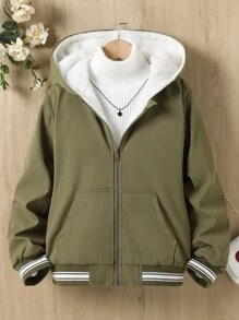 女孩條紋飾邊毛絨內襯連帽夾克 - 軍綠色 - 查看 1