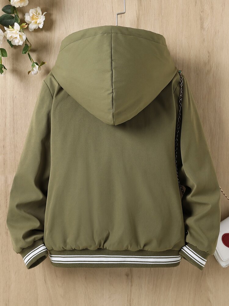 女孩條紋飾邊毛絨內襯連帽夾克 - 軍綠色 - 查看 2