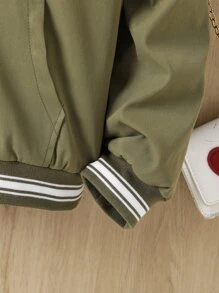 女孩條紋飾邊毛絨內襯連帽夾克 - 軍綠色 - 查看 3