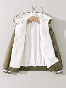 女孩條紋飾邊毛絨內襯連帽夾克 - 軍綠色 - 查看 4