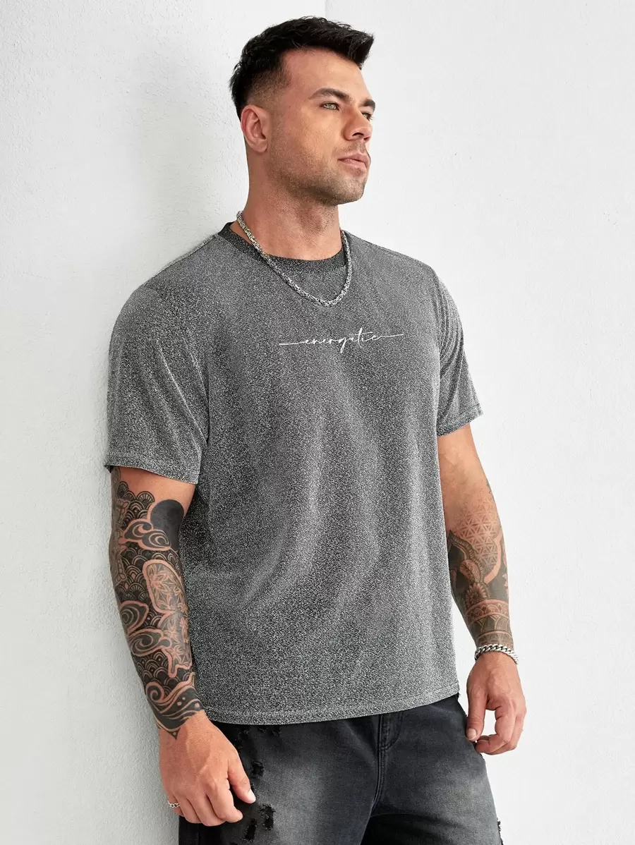 Manfinity VCAY Men Plus Letter Graphic Glitter Tee - Grey - View 1