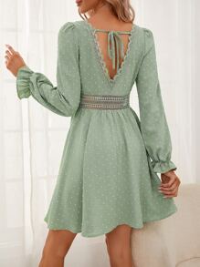 SHEIN Frenchy 圓點蕾絲拼接後綁帶連衣裙 - 薄荷綠 - 查看 1