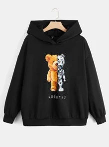 SHEIN EZwear Plus Size Bear And Letter Graphic Drop Shoulder Sweatshirt - Black - View 1
